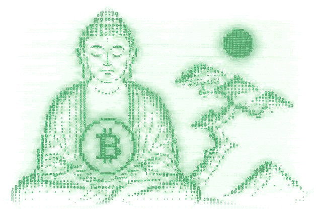 Green terminal-style Buddha holding a Bitcoin symbol beside a bonsai tree and moon