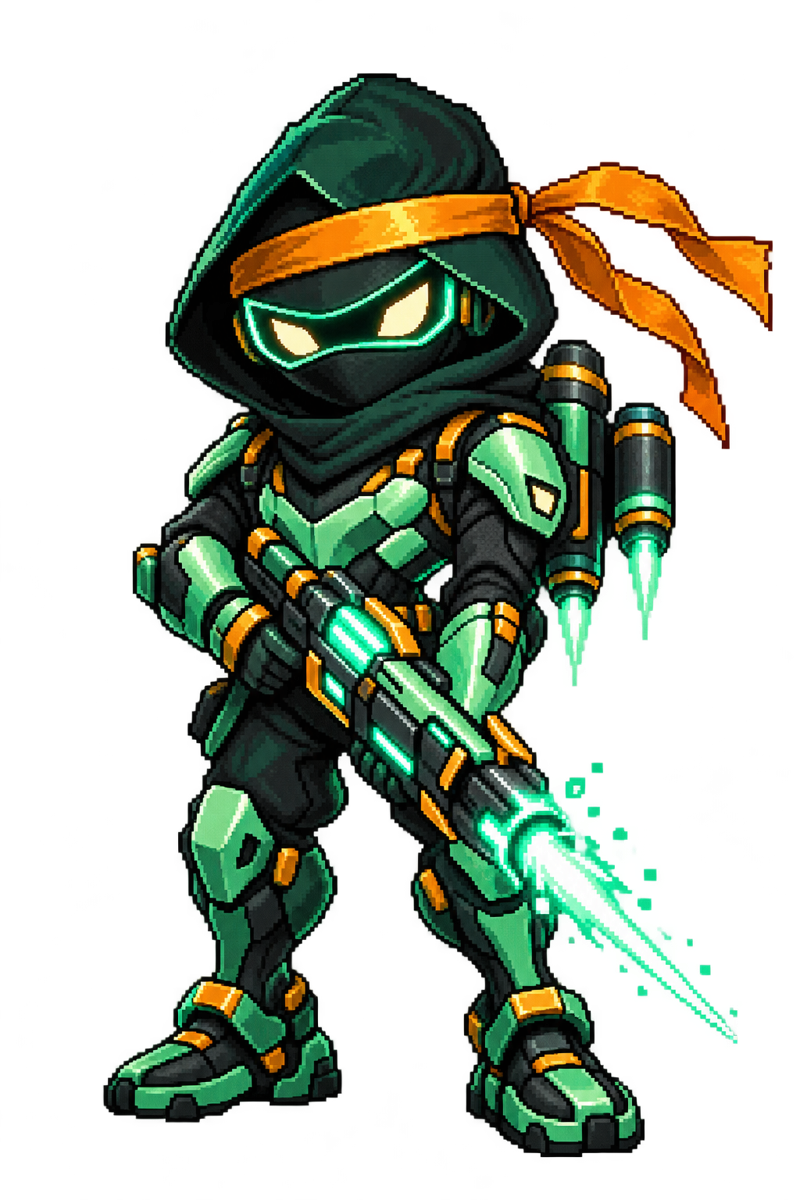 Our masked mint-green ninja hero with a glowing laser